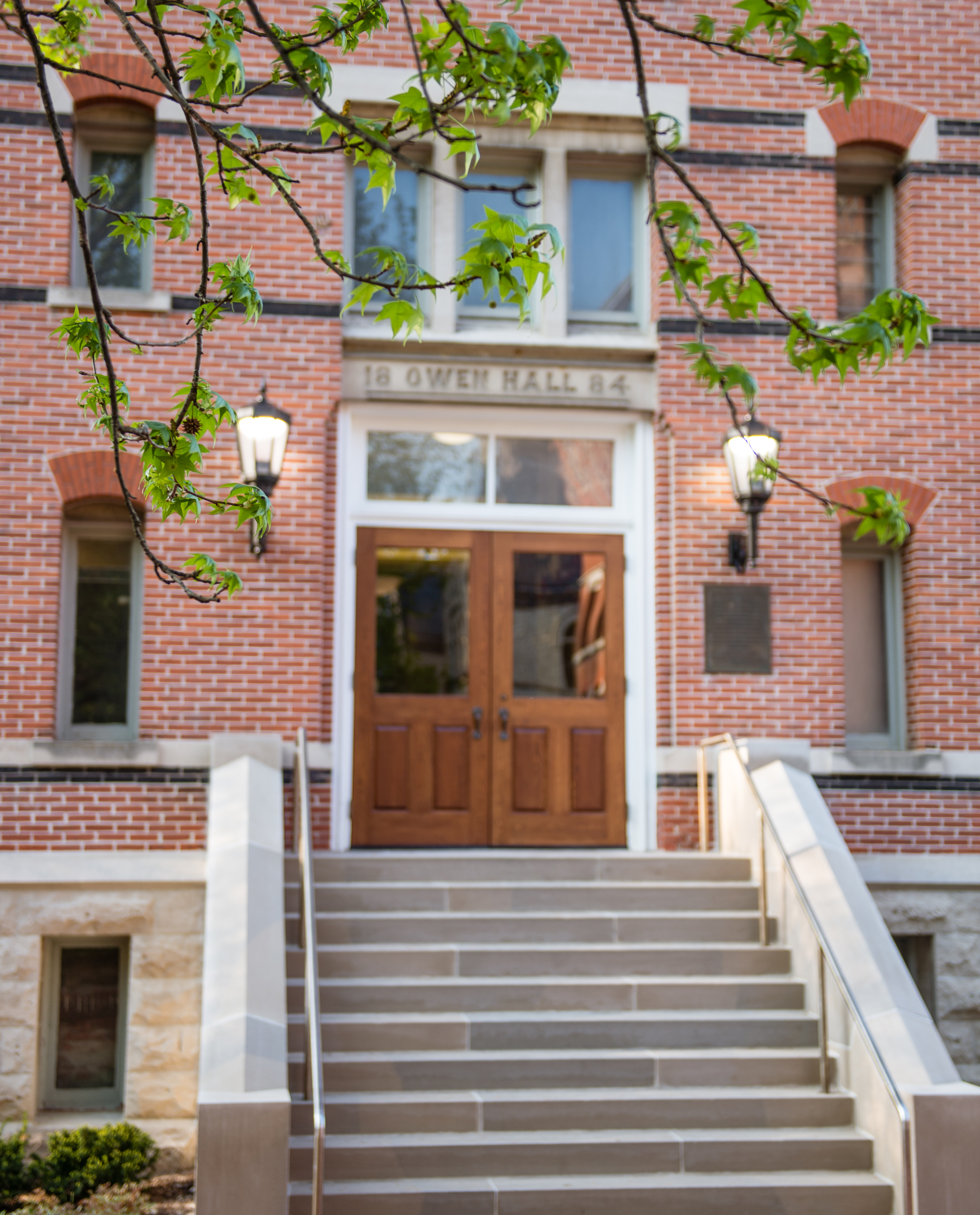 A welcoming picture of the entrance of Owen Hall, where the administrative offices of the College of Arts + Sciences are located.